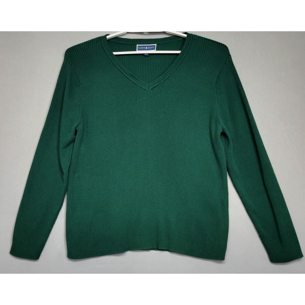 Karen Scott Ribbed Pullover Sweater Womens XXL Green V-Neck Long Sleeves